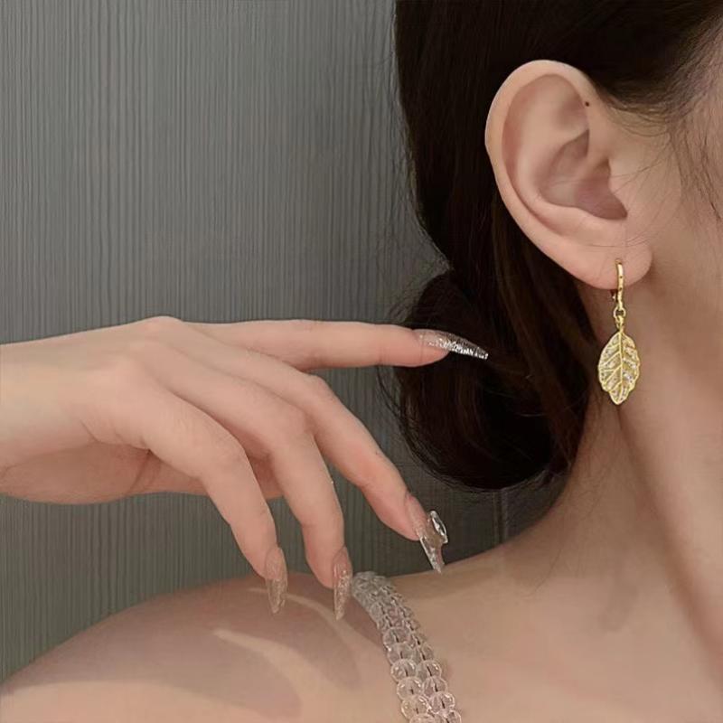 Golden Leaf Earrings: Women's Fashion Micro-Inlaid Zircon Earrings with Jade-Like Leaves