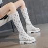 Fashion Cowboy Boots for Women Summer Denim Canvas Thick Soled Boots Breathable Hollow Mesh Inner Heightening Cool Boots Women  Botas