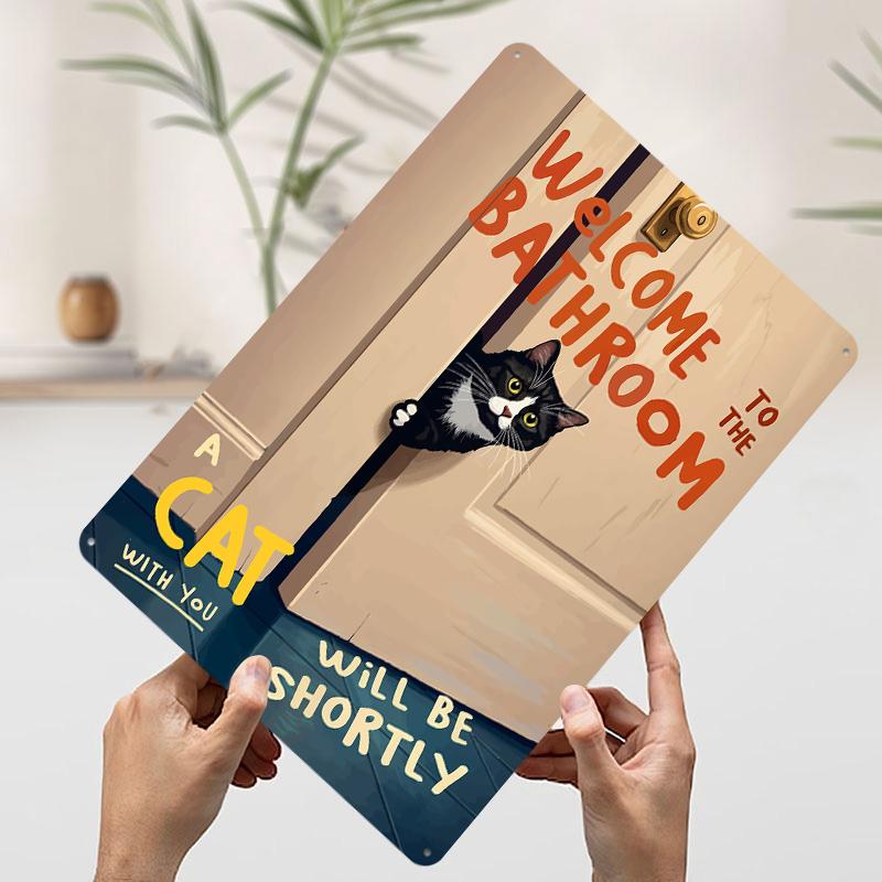 Welcome Bathroom Cat Art Tinplate Poster Customized Wall Art Vintage Metal Signs Retro Tin Plaque for Bar Accessories Desk Decor