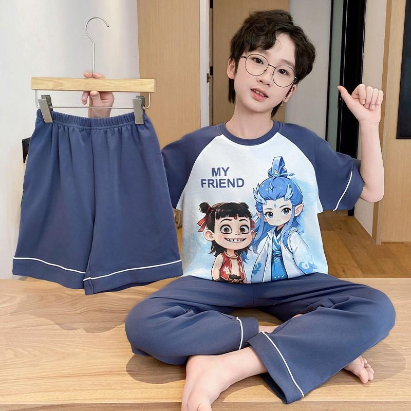 Cotton 3-Piece Pajama Set Boys Lightweight Short Sleeve Sleepwear Cartoon Print Home Wear Ages 8