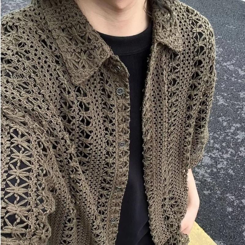 

Літня повсякденна чоловіча сорочка з вирізами, коротким рукавом, вільна та універсальна, тонка сорочка-куртка, тренд, корейський топ M оливковий