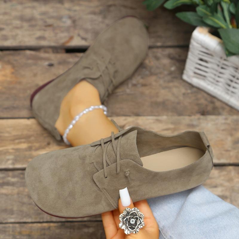 Sapatos casuais femininos de bico fino com cadarço, estilo vintage, planos, de bico baixo, para uso diário e dirigir