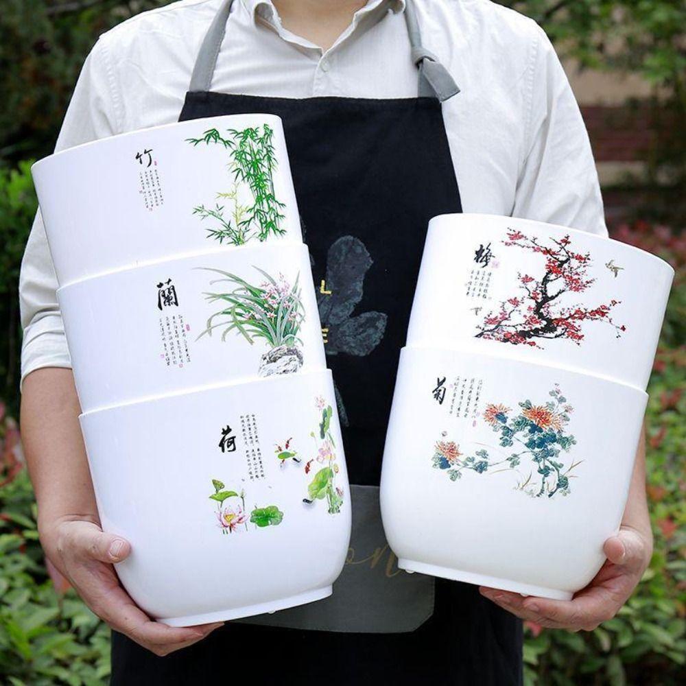 White Plastic Flower Pot With Tray Imitation Porcelain PP Resin Flower Pot  Potted Plant