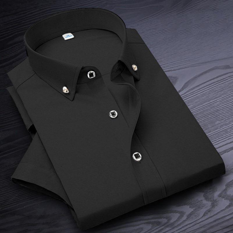 

High Quality Men s Non-ironing Short Sleeve Dress Shirt New Solid Male Clothing Fit Business Shirts White Blue Navy Black GOZBKF 44