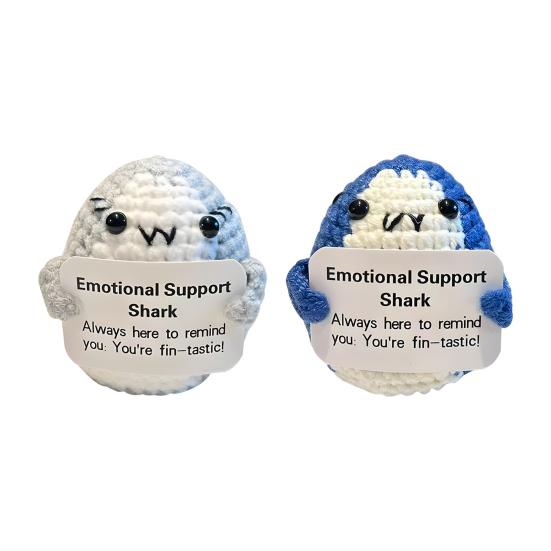 Emotional Support Shark Knitted Doll Positive Crochet Shark Gift Handcrafted Stress Relief Doll with Motivational Card Home Office Decor