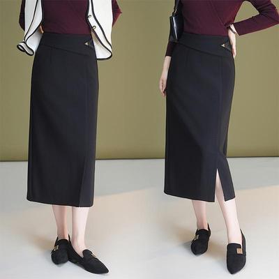 Slim-Fit Stretchy Black High-Waist Slit Midi Skirt for Women