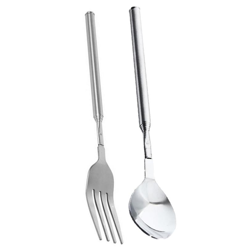 Stainless Steel Fork BBQ Telescopic Extendable Dinner Fruit Dessert Long Handle Fork Tool Adjustable Spoon Bento BBQ Accessories