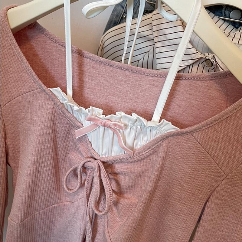 Pink Sweet Spicy Fake Two Pieces Long Sleeve T-shirt Women's Early Autumn Ballet Style Slim Fit Spicy Girl Bow Short Top