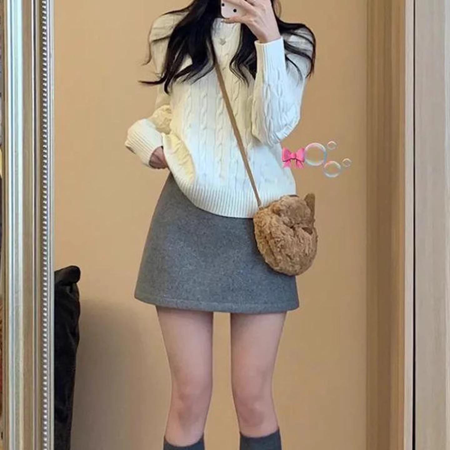 Women s Gray Wool Woolen High Waist Pencil Skirt - Winter 2026 Korean Style, Hip Wrap, Slimming, Versatile, Black. L [106-118 lbs]