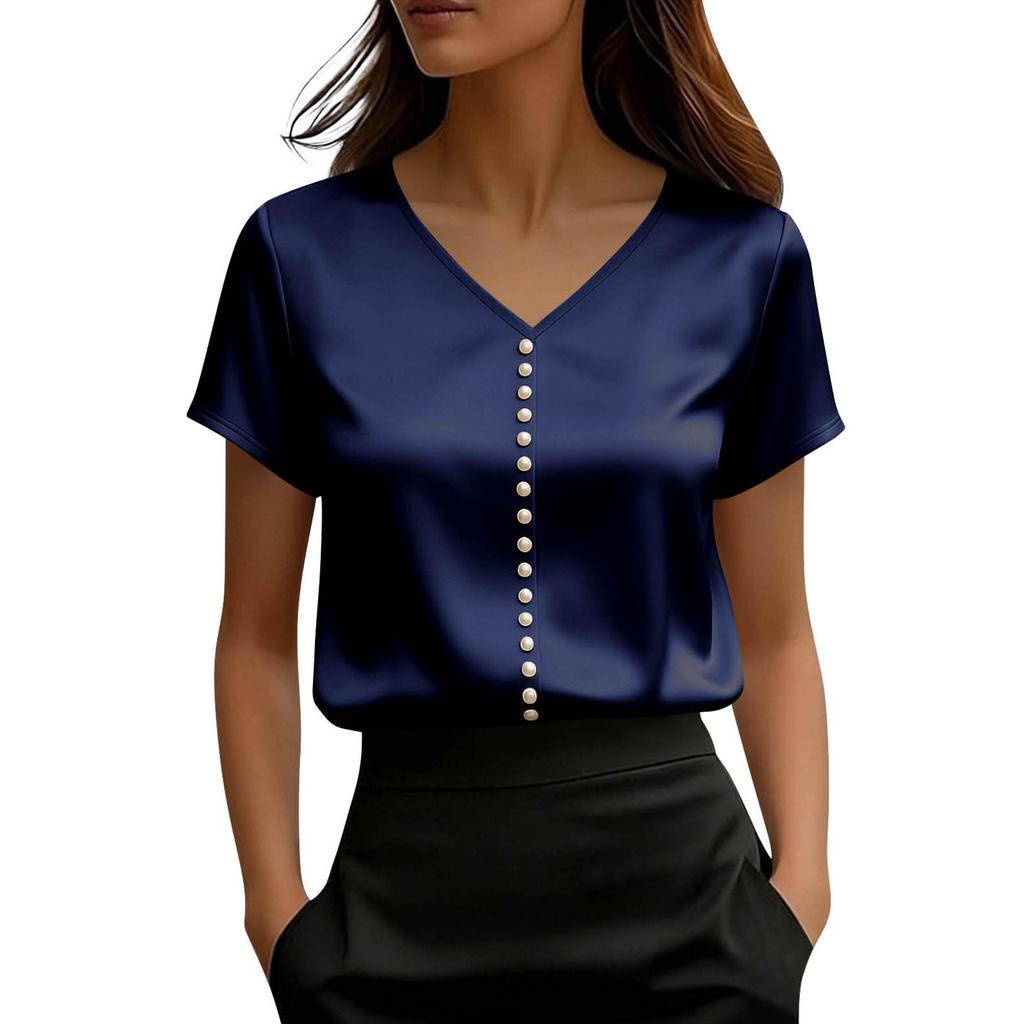 Top de damă din satin cu mânecă scurtă, Bluză elegantă de vară cu decolteu în V și nasturi perlă, Top casual formal,