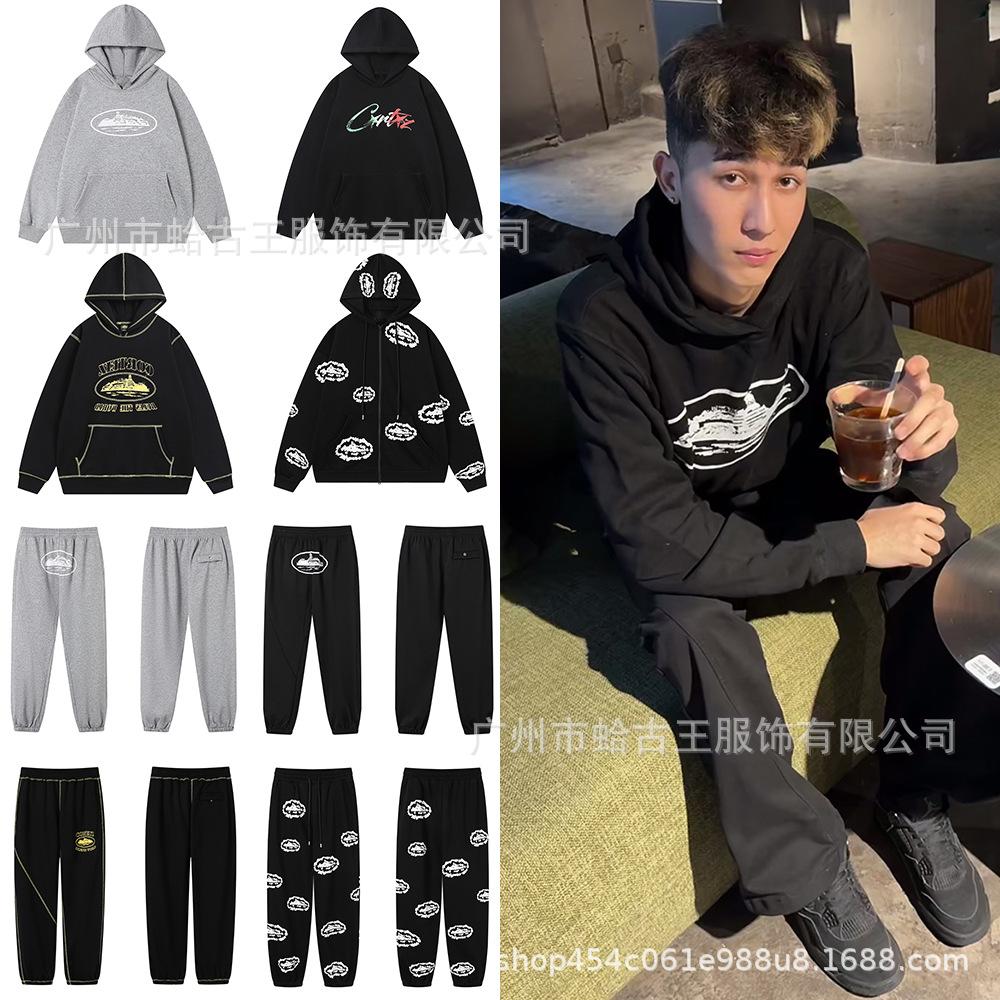 Cross-border CORT Demon Island Letter Print Unisex Plus Velvet Hooded Sweatshirt & Sweatpants Set