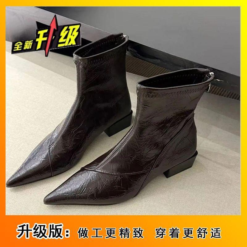 French retro high-end fashion short boots winter versatile temperament thin boots pointed thick heel short boots