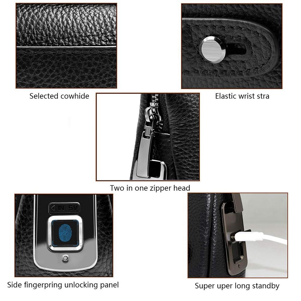 Fipilock FL-V1 Men Zipper Leather Wallet Smart Fingerprint Security Anti Theft Handbag Black