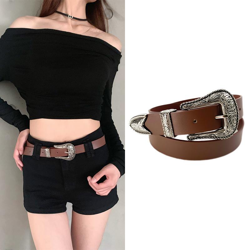 Women'S Belt Vintage Carved Needle Buckle Punk Hip Hop Rock Style Jeans Belt Y2K Belt Pu Leather Belt