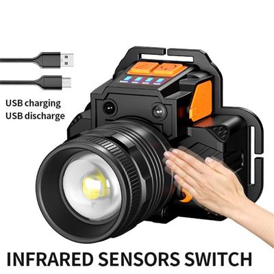 Farol LED externo à prova d'água USB recarregável com zoom luz forte indução cabeça-montado