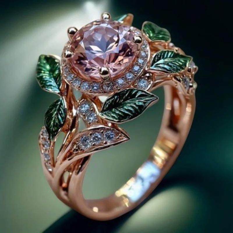 Delicate Bright Pink Zircon Lady Green Leaf Oil Drop Flower Plant Ring Gift