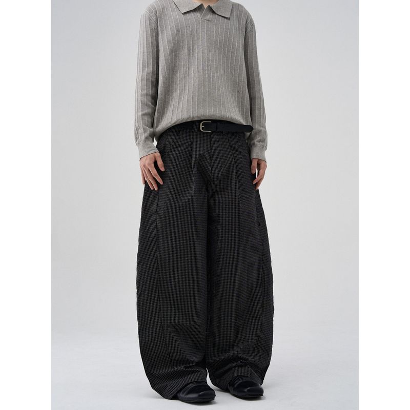 Kisko American Retro Adjustable Waist Plaid Casual Knife-Cut Pants Unisex Design Wide-Leg Versatile Pants