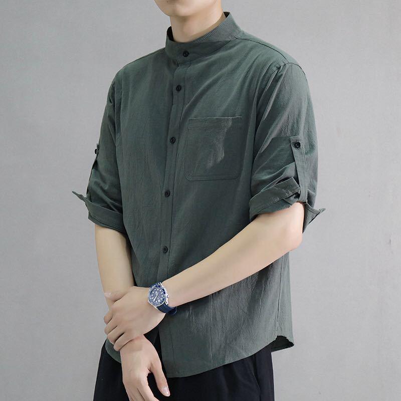 Men's Summer Korean Style Cotton-Linen Slim Fit Linen Shirt with Five-Point Sleeves.