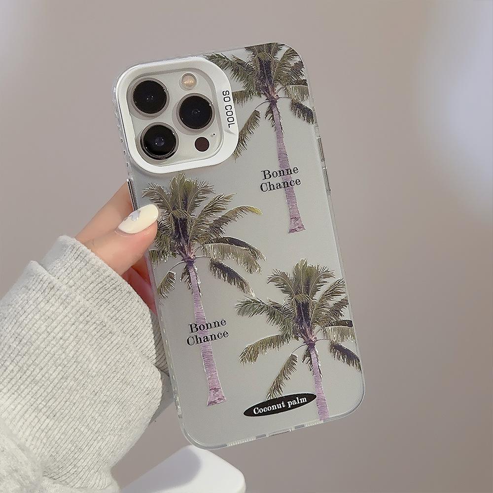 Trendy coconut tree electroplated iPhone 15 case suitable for 16 Pro Max, 12, Apple 13, 17, anti-drop