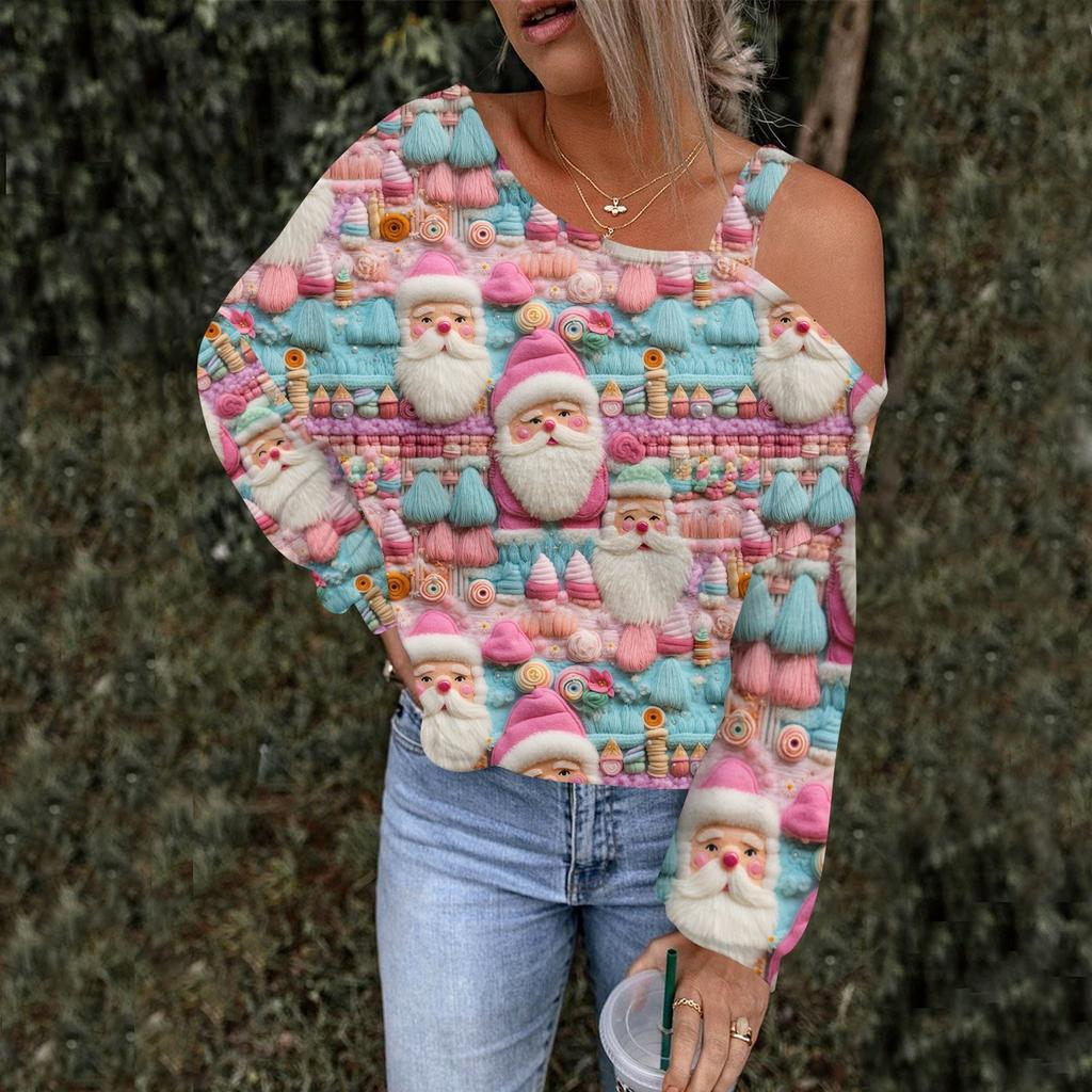 Women's Hollowed Out Fashionable Casual Floral Print Off Shoulder Hoodie Top Christmas