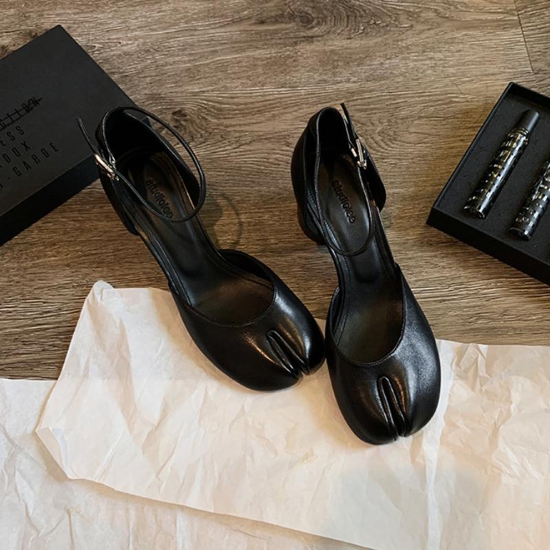 Damskie Czółenka z Dzielonym Palcem Średnie Obcasy Mary Jane Okrągły Wysoki Obcas Buty Damskie Pasek z Klamrą Płaskie Sandały Buty Jednolity Kolor Stylowe