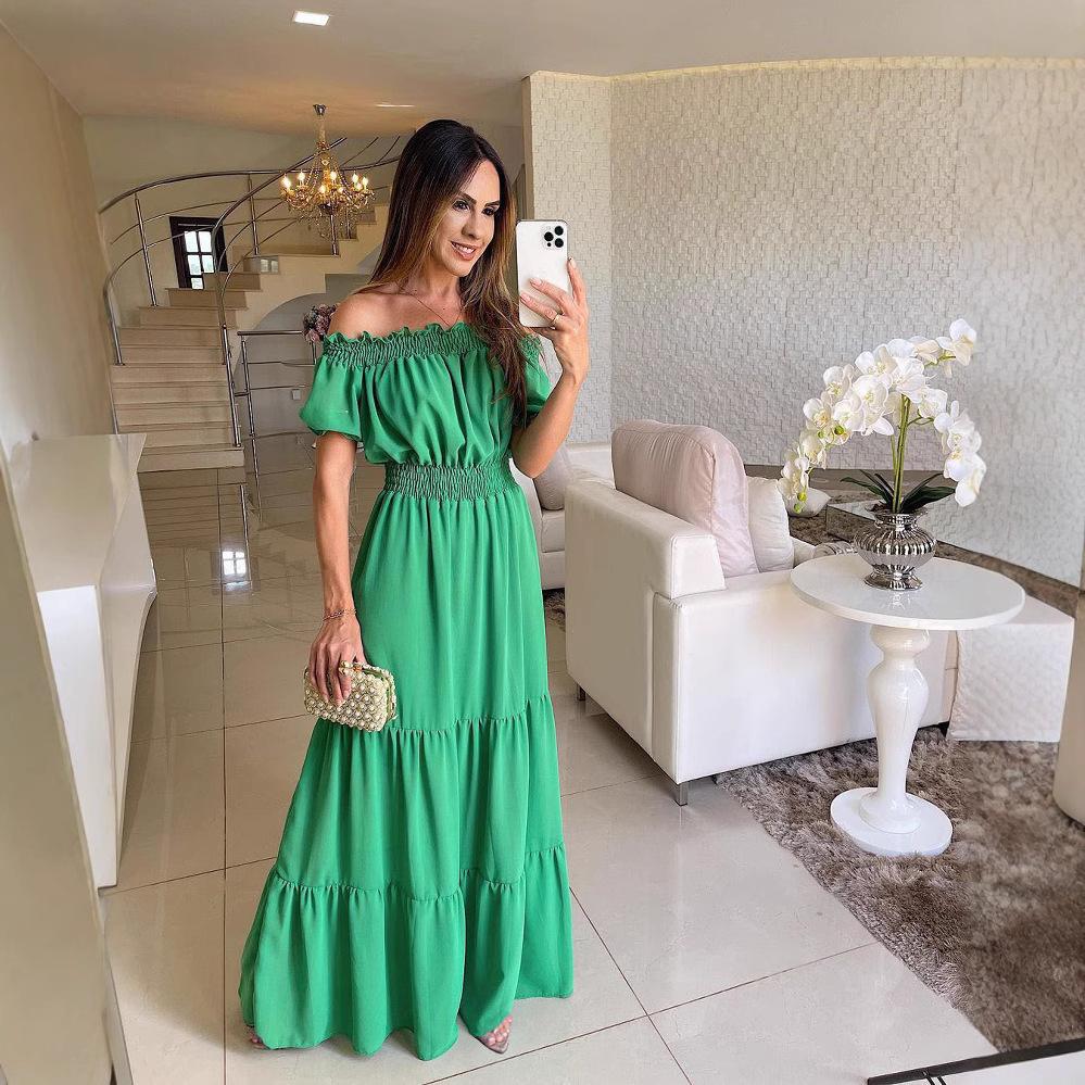 Off Shoulder Maxi Dress Short Sleeve Smocked Elastic High Waist Tiered Ruffle Flowy A-Line Casual Beach Vacation Daily Wear Solid Color Long Dress