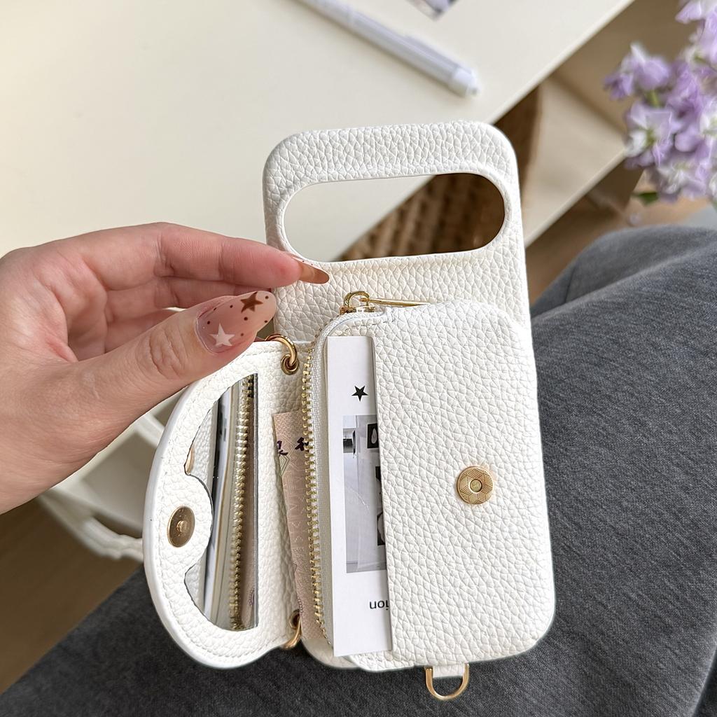 Crossbody Long Lanyard Leather Cards Solt Wallet Case For Google Pixel 10 Pro XL 9A 9 8 8A 7A 7 Built In Makeup Mirror Cover
