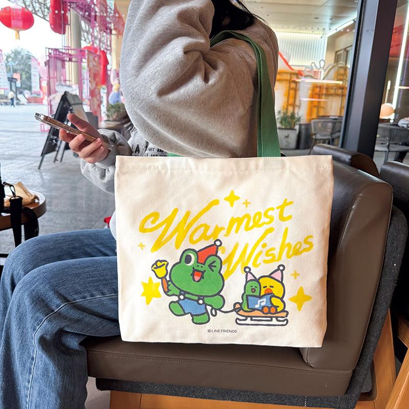 Cute genuine brown bear canvas bag women's new large-capacity zipper student shoulder bag tutoring bag