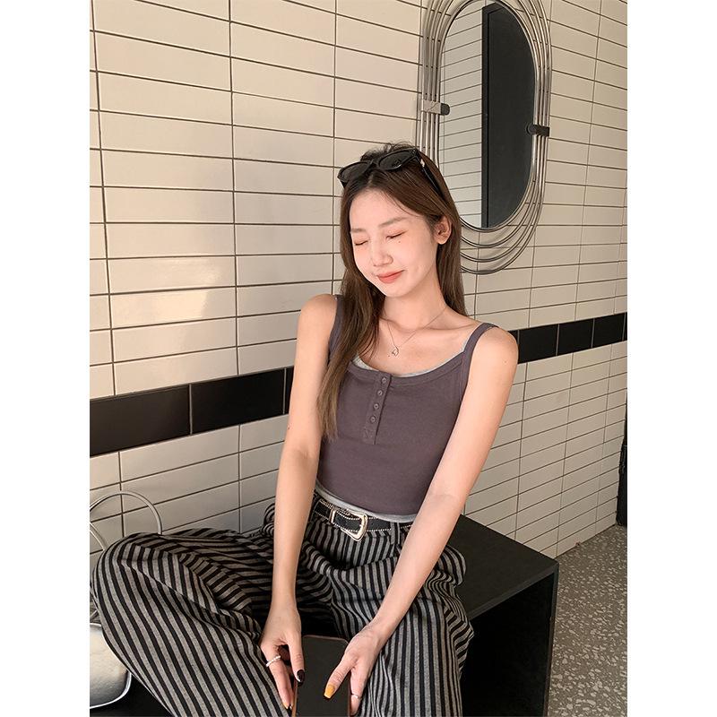 Chic Color-Block Camisole: Pure Desire Style, High-End Feel Women's Base Layer Fake Two-Piece Top