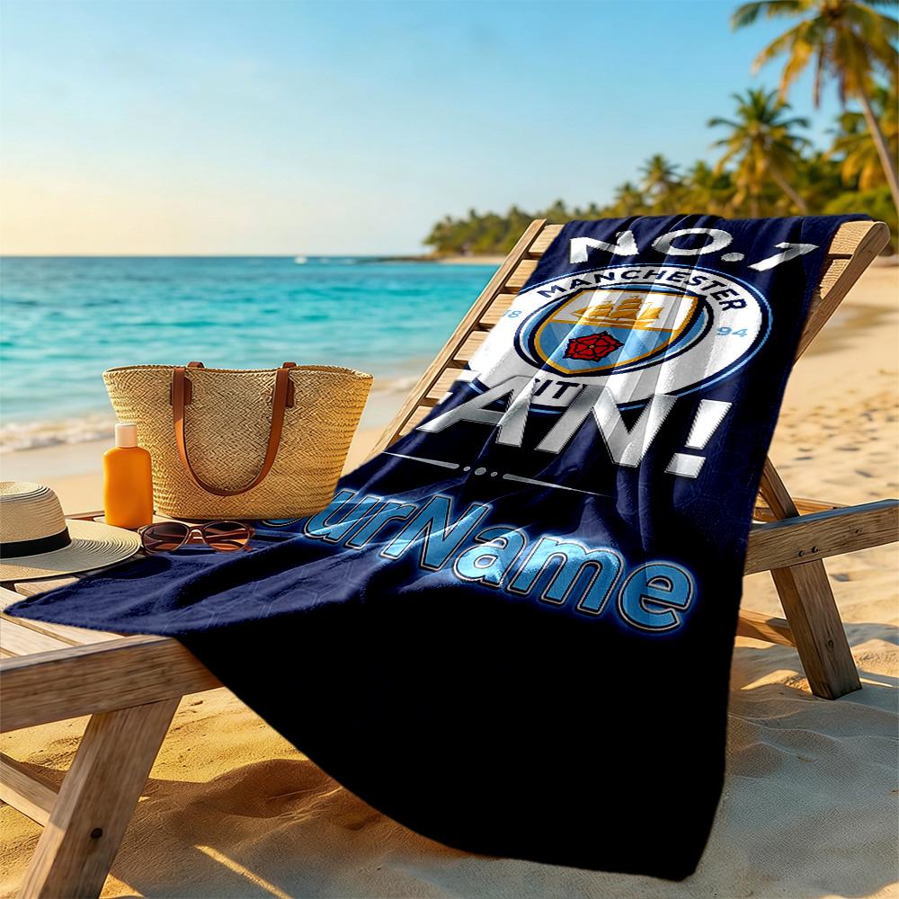 Manchester City Personalized Text Beach Towel Super Soft & Absorbent Suitable for Swimming Gym Camping Yoga Vacation