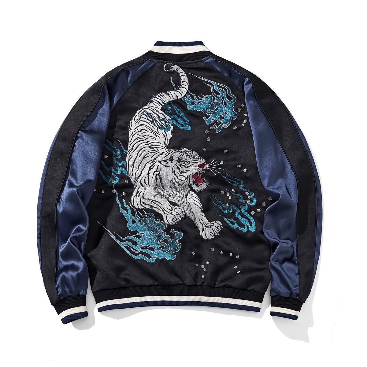 

Unisex Chinese Style Raglan Sleeve Sukajan: Fire Pattern Tiger & Mythical Beast Embroidered Jacket XL чёрный