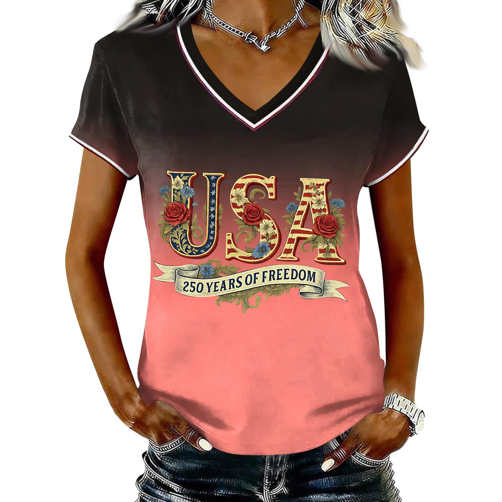

Women Casual V Neck Short Sleeve Pullover T Shirt Gradient Print Independence Day Graphic Top Lightweight Soft Fabric XXL розовый