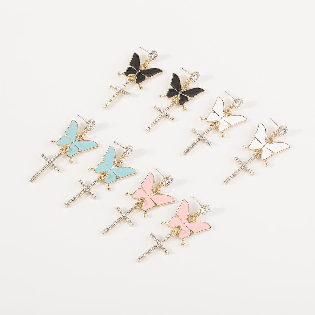 Sparkling Butterfly Drop Earrings with Tassels and Rhinestones