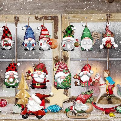 24 Pcs Christmas Tree Pendant Wooden Cartoon Hanging Ornaments Santa Snowman Dwarf Ornaments for Christmas Tree Home Party