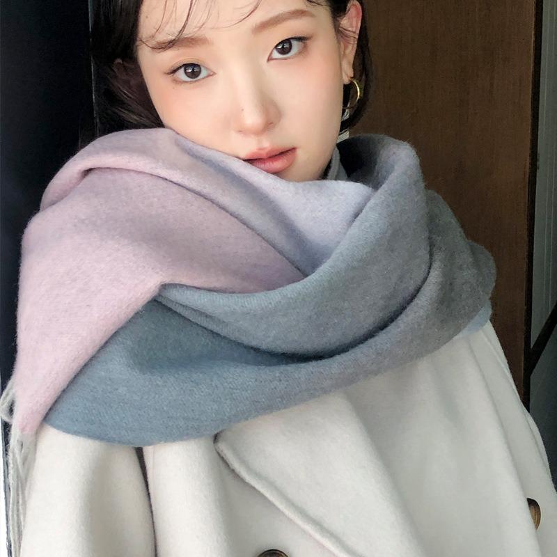 Gradual change color pure wool scarf women's winter versatile tassel long double-sided color large shawl dual-purpose new