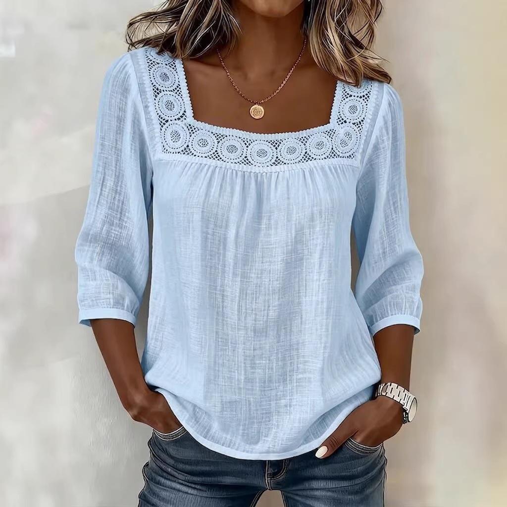 Women's Square Neck Lace Trim 3/4 Sleeve Blouse Multi Colors Casual Top