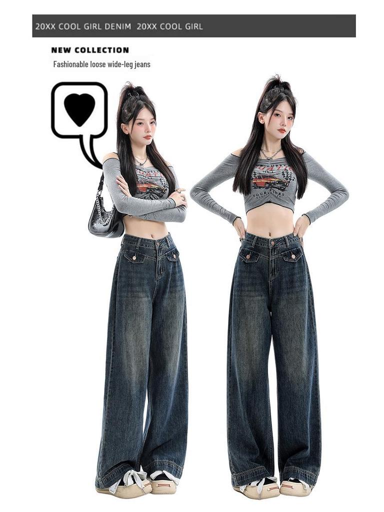 Autumn 2024 Women's High-Waisted Retro Wide-Leg Jeans for Pear-Shaped, Slimming Floor-Length Pants