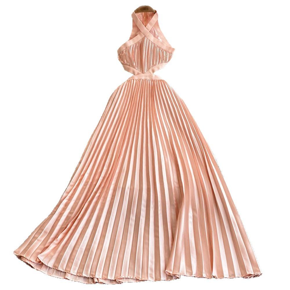 Seaside vacation style sexy backless hollow neck dress women's cross long pleated skirt