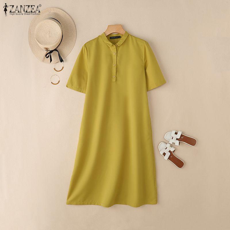 ZANZEA Women Summer Casual Solid Color Loose Short Sleeve Dress
