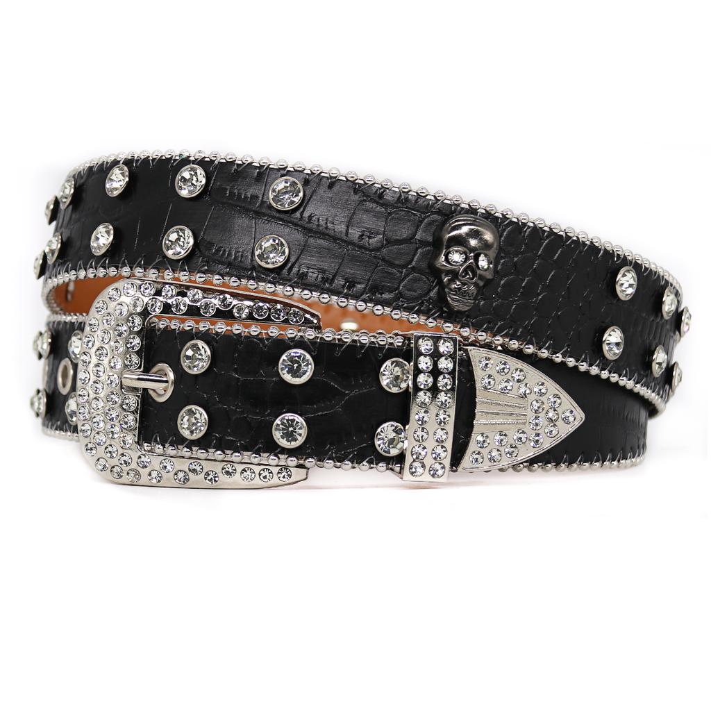 PU Leather Wide Belt Western Crystal Rhinestone Inlaid Skeleton Accessories Zinc Alloy Button Hip Hop Punk Trendy Women's 3.5cm