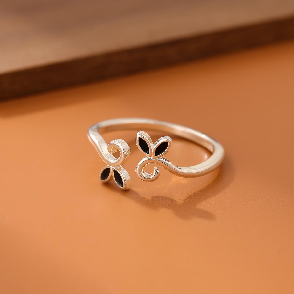 New Arrival Handmade Epoxy Flower 925 Sterling Silver Jewelry Black Flower Leaf Popular Exquisite Opening Rings   R161 серебряный
