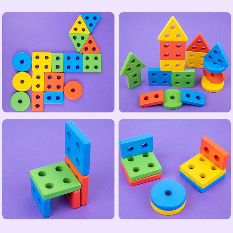 Wooden Educational Puzzle: Stacking Toys for Kids - Enhance Cognitive Skills & Hand-Eye Coordination with Geometric Shapes