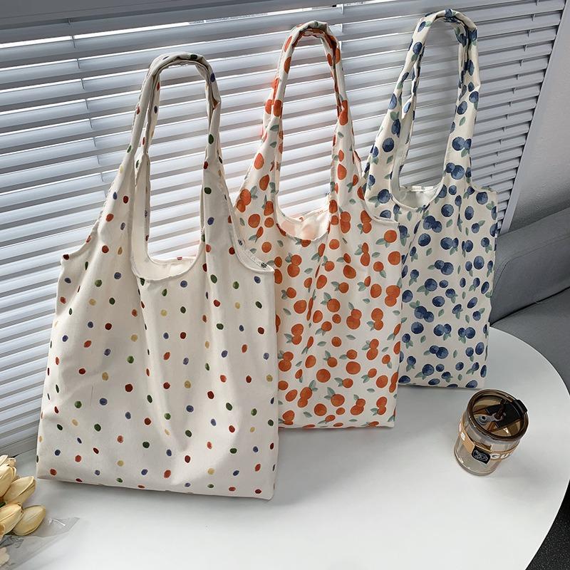 Retro Polka Dot Versatile Casual Tote Large Capacity Shoulder Canvas Bag
