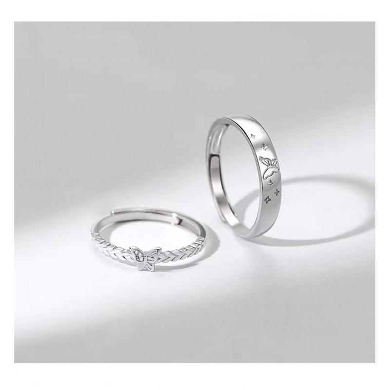 Adjustable Butterfly Couple Ring Set Sterling Unisex Vintage Geometric Design Romantic Gift Him Her