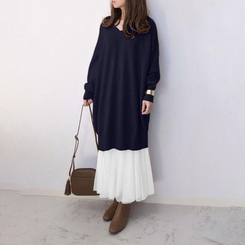 

ZANZEA Women Casual Mesh Splice Loose V-neck Long Sleeve Dress 2XL темно-синий
