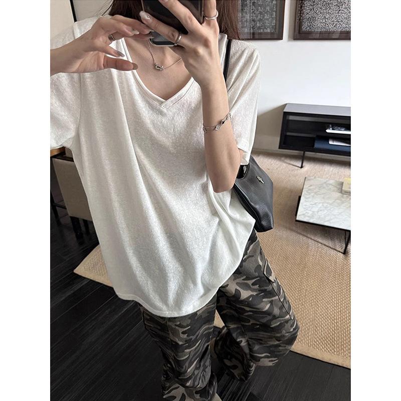 Korean Slack Snowflake Texture Curled V-neck Short-sleeved T-shirt Women's Summer New Lazy Wind Versatile Thin Top