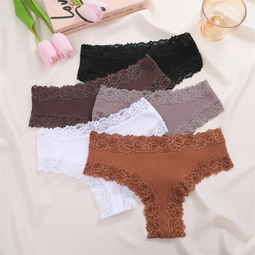 5 stuks/set Dames Katoenen Slipjes Bloemenkant Intiem Ondergoed Trendy Patchwork Kant Slips Vrouwelijke Zachte Onderbroeken Lingerie S-XL S&5pcs black