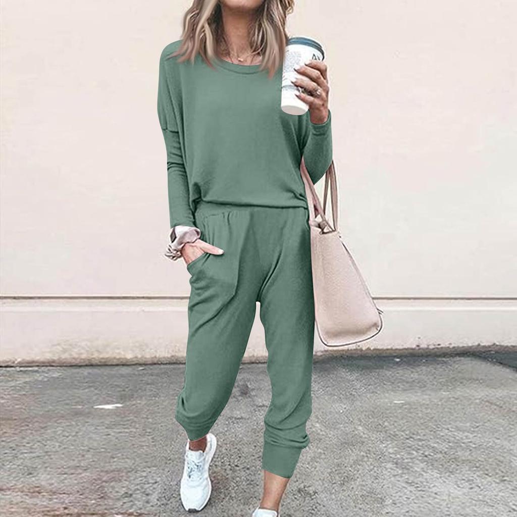 Sets For Women 2 Piece Round Neck Long Sleeve Shirts Colid Sweatpants Pocket Sets