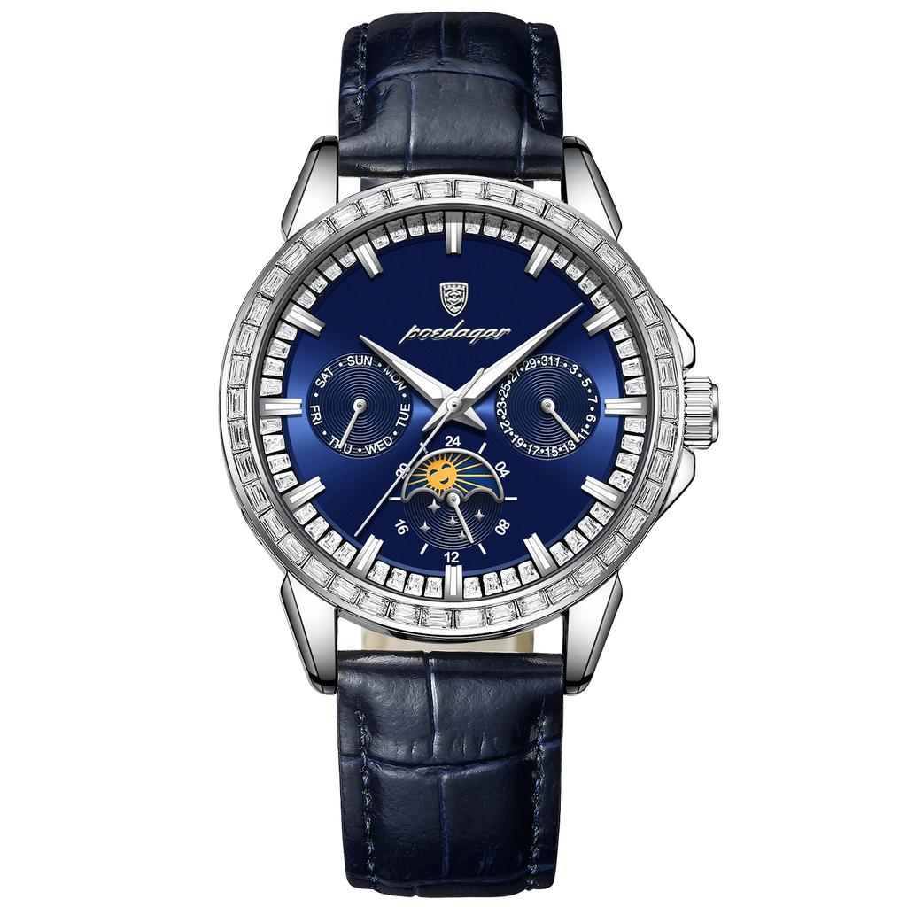 Herren-Quarzuhr mit Diamantenbesatz, Drei-Augen-Sechs-Zeiger-Mondphasen-Zifferblatt, Wasserdichte Herrenuhr mit Leuchtzeigern für Business und Freizeit, Geschenk für die Feiertage