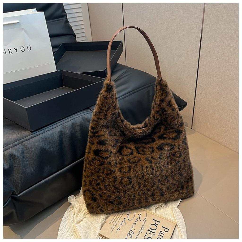 Hobo Bag for Women Plush Black Leopard Print Single Shoulder Carry Daily Use